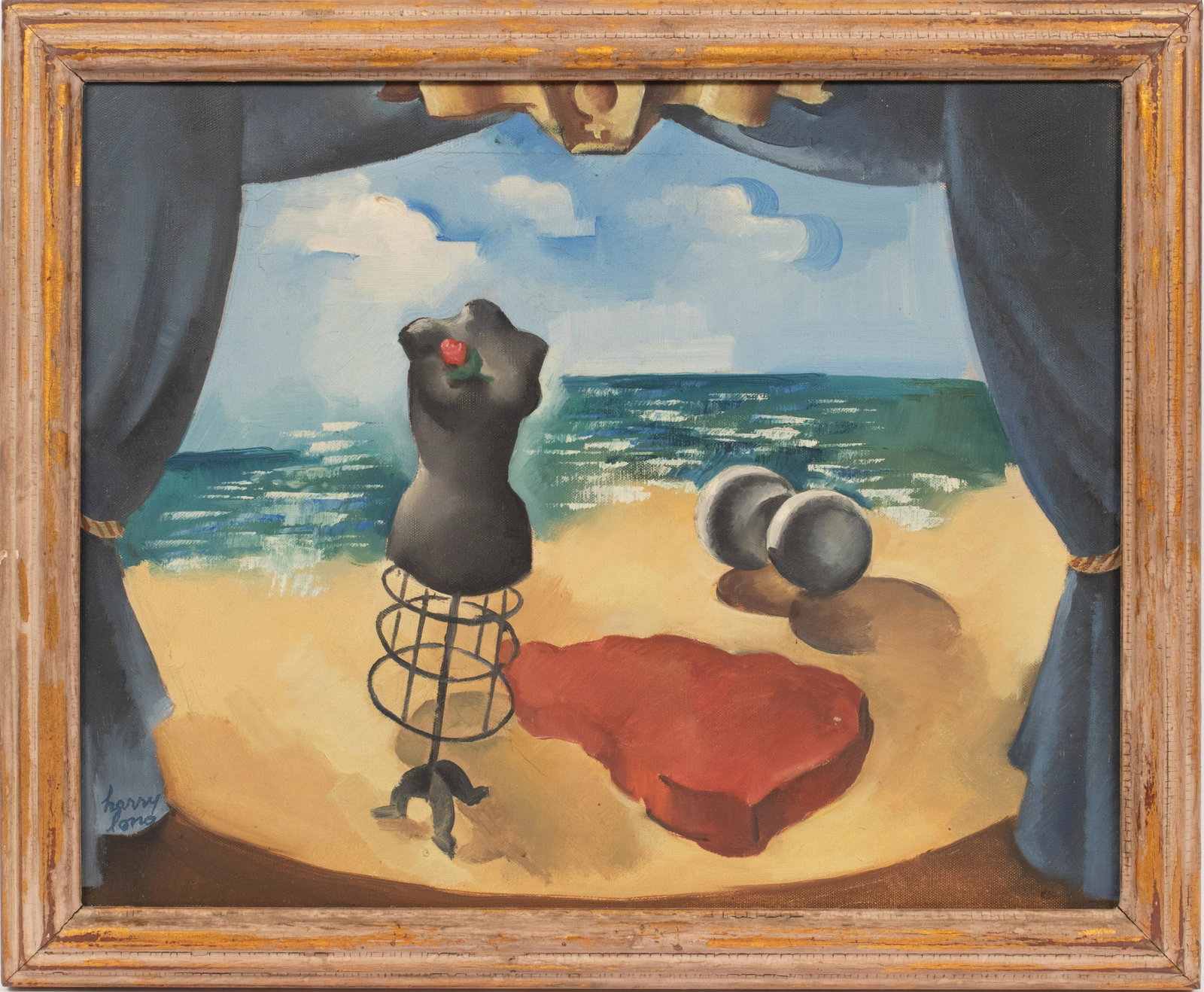 HARRY LONG (MICHIGAN, 20TH C.) OIL ON CANVAS, H 16", W: HARRY LONG (MICHIGAN, 20TH C.) OIL ON CANVAS, H 16", W 20", "FEMININITY" Depicting a stage set with a dress form on a beach. Signed lower left. Having a Detroit Institute of Arts annual exhibition for