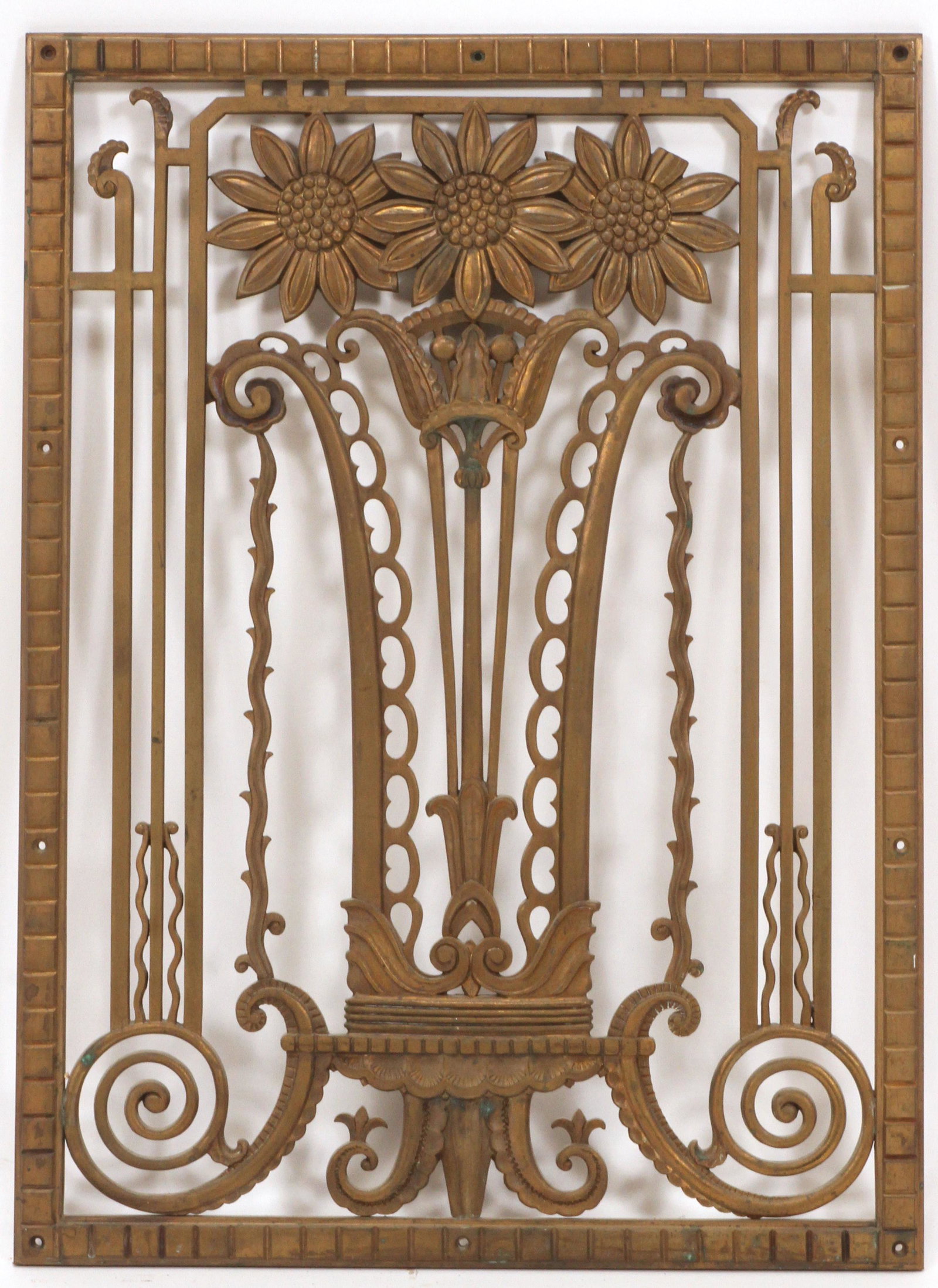 FRENCH EMPIRE SYLE BRONZE GRATE C.1900 H 26" W 19": FRENCH EMPIRE SYLE BRONZE GRATE C.1900 H 26" W 19" A very finely cast grate featuring a floral spray bursting from a stylized vse. Provenance: Estate of Jack Faxon, Birmingham, MI. Michigan Senator an