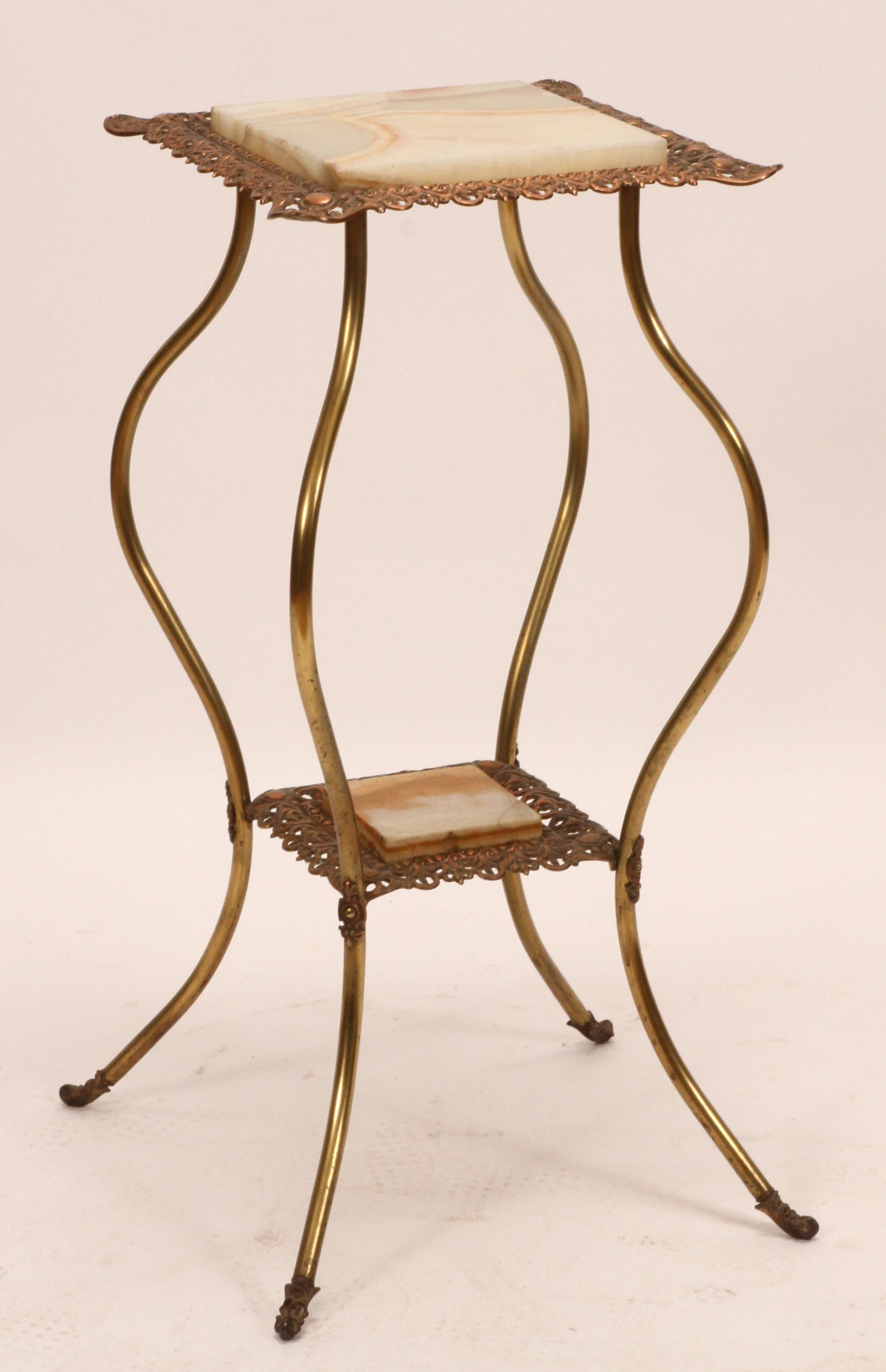 BRASS, COPPER AND GREEN ONYX PEDESTAL, EARLY 20TH C.. H (1 of 3)