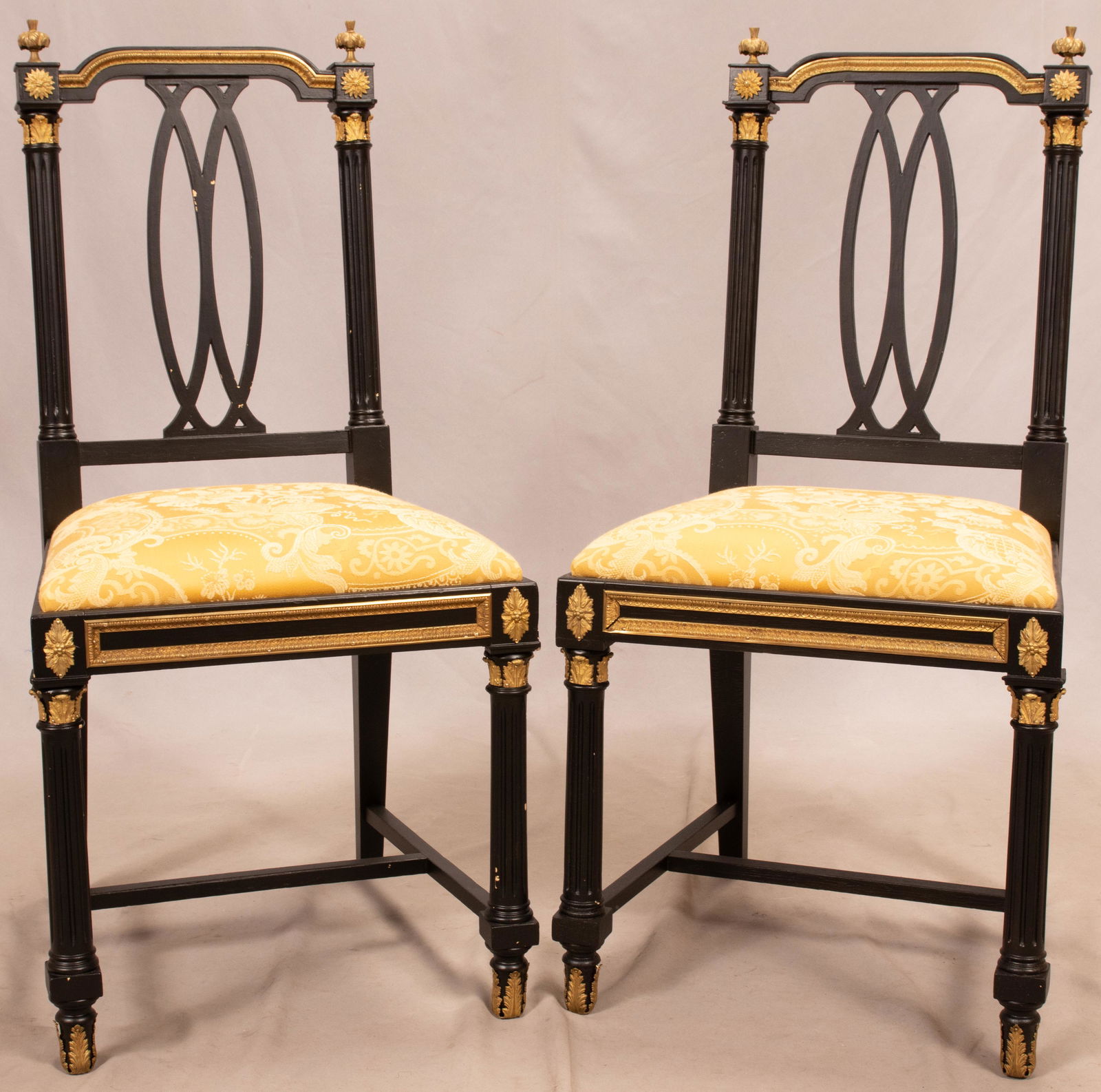 FRENCH EMPIRE EBONIZED AND BRONZE SIDE CHAIRS, C. 1920, (1 of 4)