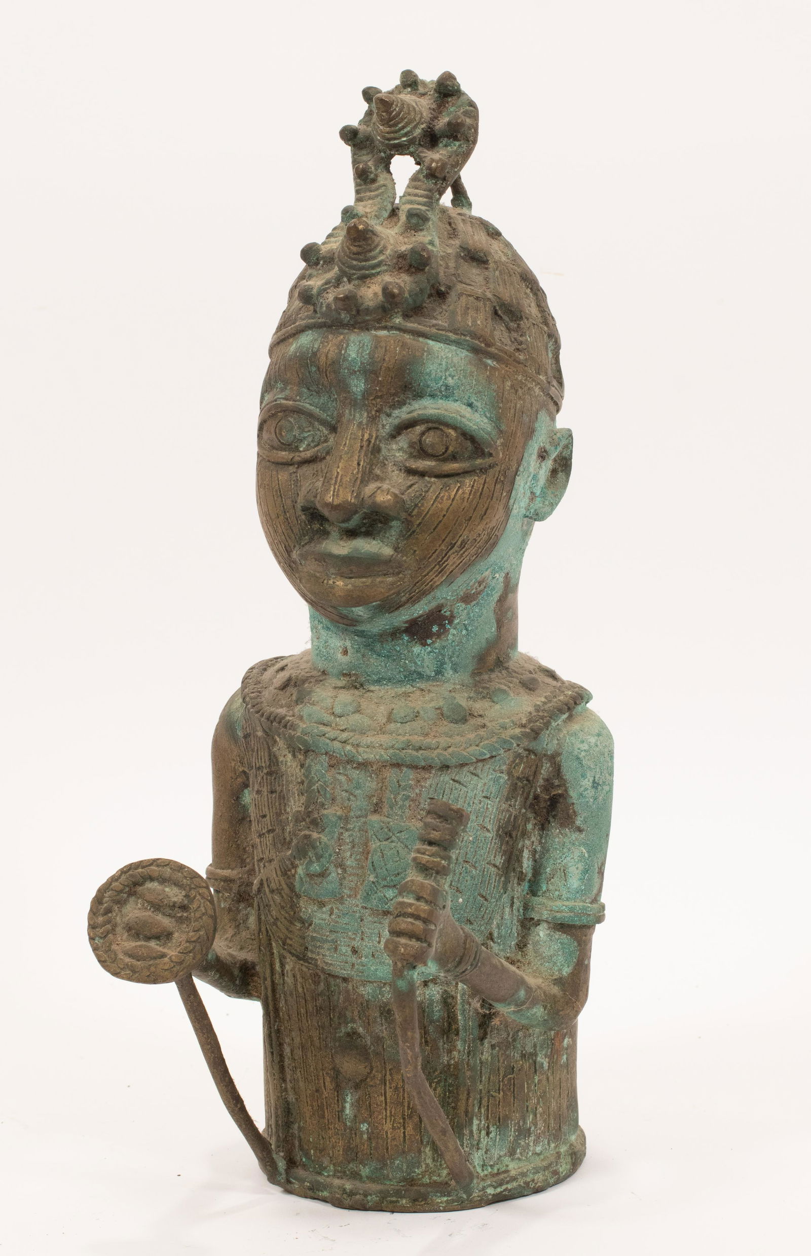 NIGERIAN, IFE, BRONZE HEADDRESS FIGURE, H 15", DIA 7" (1 of 9)