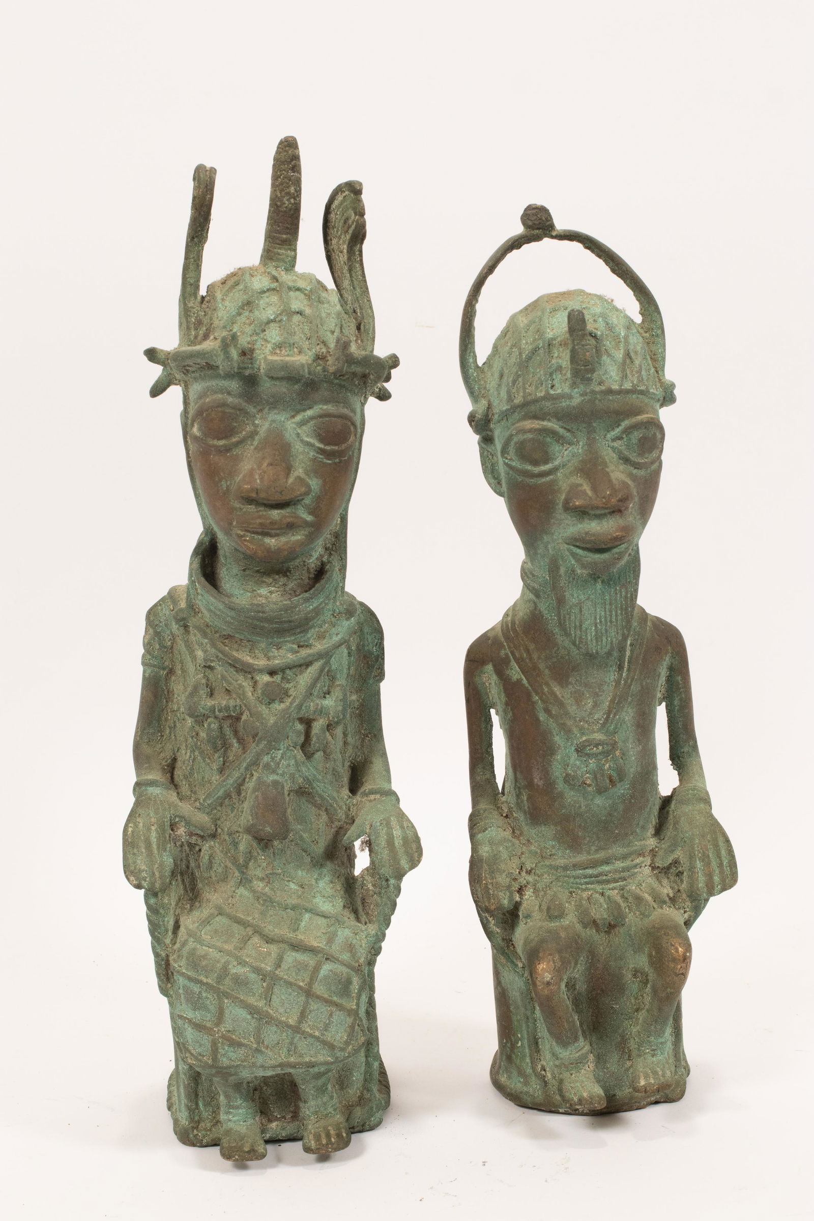 AFRICAN ART BRONZES, PAIR, H 14.5"-16", SEATED FIGURES (1 of 7)