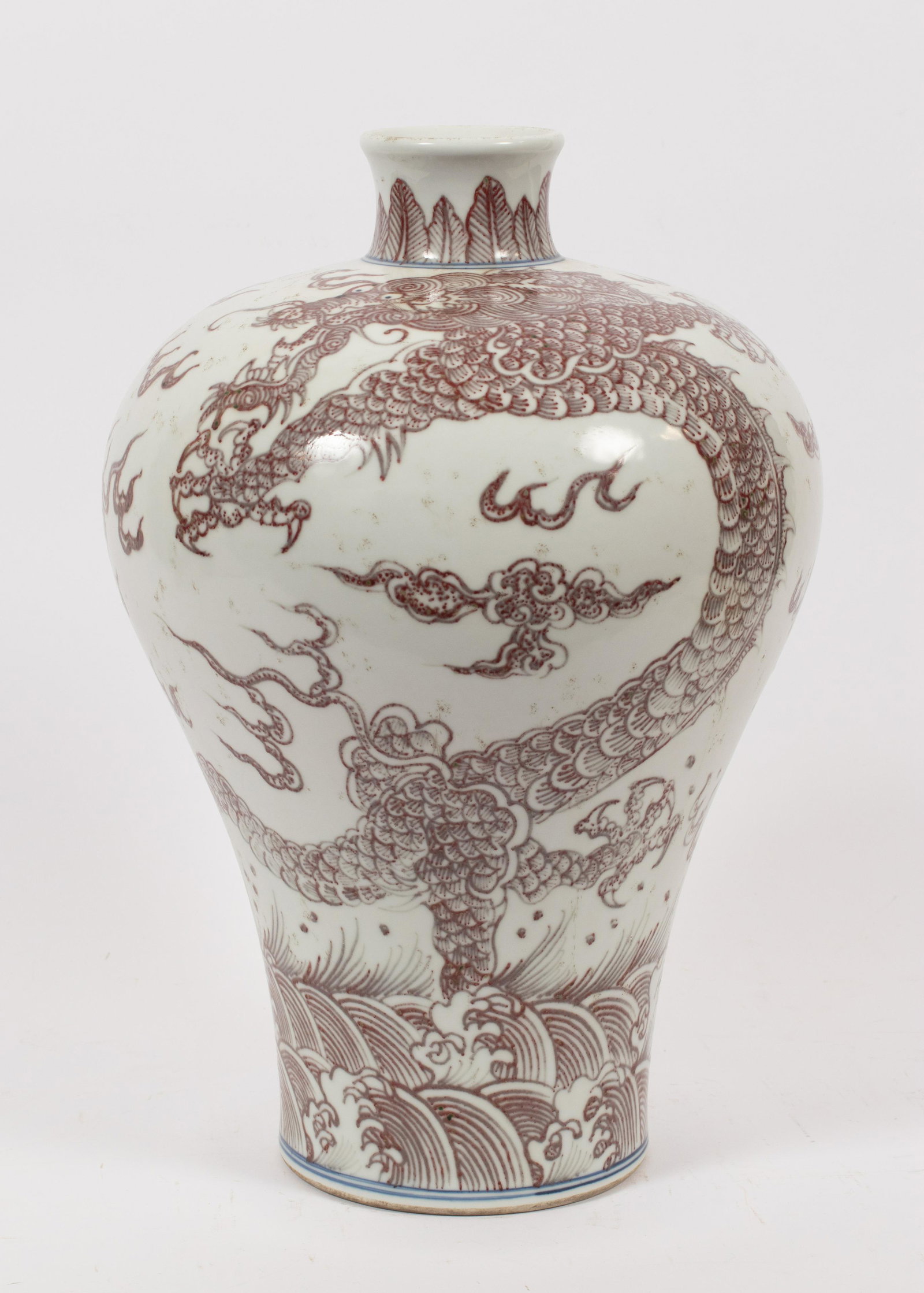 CHINESE MEIPING-FORM PORCELAIN VASE, H 15", DIA 10.5": CHINESE MEIPING-FORM PORCELAIN VASE, H 15", DIA 10.5" A Chinese Meiping-form vase decorated with five-claw dragons chasing a flaming pearl above the sea. Character marks on base.