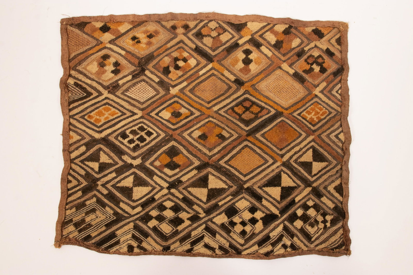 SHOOWA, CONGO AFRICAN CUT PILE EMBROIDERY RAPHIA SQUARE: SHOOWA, CONGO AFRICAN CUT PILE EMBROIDERY RAPHIA SQUARE H 19.75" W 16.25" Provenance: Estate of Jack Faxon, Michigan Senator and creator of the Michigan Council for the Arts.