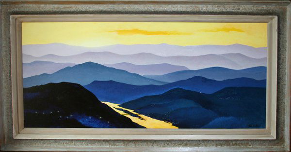 JOHN B. TABB OIL ON BOARD, C1950, 22" X 46',: JOHN B. TABB (AMERICAN 1923-2001), OIL ON BOARD, C1950, 22" X 46', MOUNTAIN LANDSCAPE SCENE:depicting purple mountains, river with a yellow sky; signed lower right; gray painted wood frame;