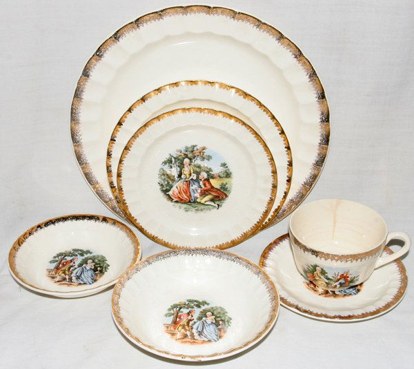 CRONIN DEMI-PORCELAIN, DINNERWARE SET: CRONIN DEMI-PORCELAIN, DINNERWARE SET:Including 16 dinner plates, dia. 10"; 14 salad plates, dia. 7 1/4"; 18 bread and butter plates, dia. 6 1/4"; 15 soup bowls, dia. 7 1/2"; 14 coffee cups and 17 sau
