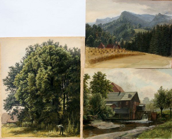 GERMAN SCHOOL WATERCOLORS, 3 PCS. C1930: GERMAN SCHOOL WATERCOLORS, 3 PCS. C1930 LANDSCAPES:one depicts a mountain landscape, 10" x 13"; second is a farm landscape with man tilling soil, 15" x 12"; third is a scene of a grist mill and pond,