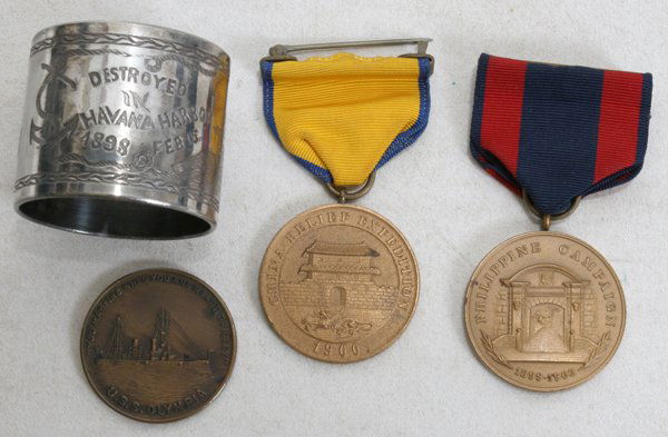 BOXER REBELLION, HAVANA HARBOR BATTLESHIP MAINE: BOXER REBELLION, HAVANA HARBOR BATTLESHIP MAINE, MEDALS NAPKIN RING COMMEMORATIVE 1900, 4 LOT:US Navy China relief expedition. 1900 Napkin ring engraved destroyed in Havana Harbor 1898 Battleship Main