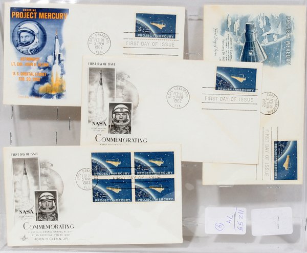 US SPACE 1ST DAY COVERS ORBITAL FLIGHT MERCURY: US SPACE 1ST DAY COVERS ORBITAL FLIGHT MERCURY, JOHN GLENN POSTAGE BLOCK, SINGLE, 1962, FOUR:Two different pictures of this flight. Two of each. Cancellation, postage block, single; Orbital Flight, Pr