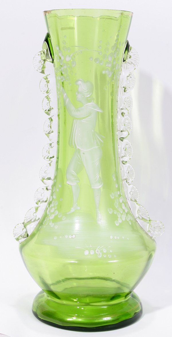 MARY GREGORY BLOWN GLASS VASE, ENAMEL DECOR: MARY GREGORY BLOWN GLASS VASE, ENAMEL DECORATION, C. 1870, H 10":Green blown glass, enamel decoration of boy picking cherries. Applied rigoree along sides.