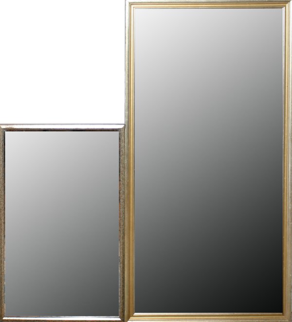 FRAMED WALL MIRRORS, TWO, 28" X 18" , 46" X 23"