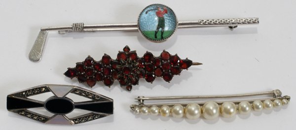 VINTAGE BROOCHES, INC BOHEMIAN GARNET, ART DECO: VINTAGE BROOCHES, FOUR, INCLUDING BOHEMIAN GARNET & ART DECO STYLE, L 1"-3":Including 1 Victorian Bohemian garnet pin, L.1 1/2"; 1 art deco style marcasite, onyx and abalone pin, L.1 1/4"; 1 sterling 