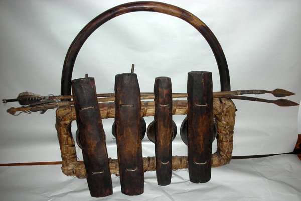 AFRICAN PRIMITIVE WARRIOR DRUM, 19" X 19": AFRICAN PRIMITIVE WARRIOR DRUM, 19" X 19":Gourds, rope and twigs. From the Collection of Alfred S. Warren.