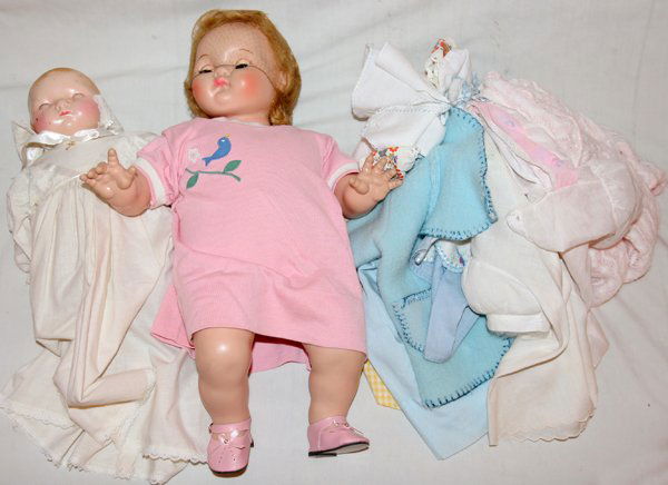 MADAME ALEXANDER & EFFANBEE DOLLS, TWO: MADAME ALEXANDER & EFFANBEE DOLLS, TWO:Madam Alexander Baby "Puddin" cry baby with clothes [8 dresses, hat, socks] 19". Efanbee cry baby 14". With 2 dresses. Open/shut eyes.