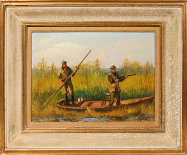 GUY CARLETON WIGGINS, OIL ON CANVAS BOARD, 12": GUY CARLETON WIGGINS, OIL ON CANVAS BOARD, 12" X 16", 2 HUNTERS IN A BOAT IN A MARSH: US 1887-1962:D. Matt, NYC frame; signed lower right.