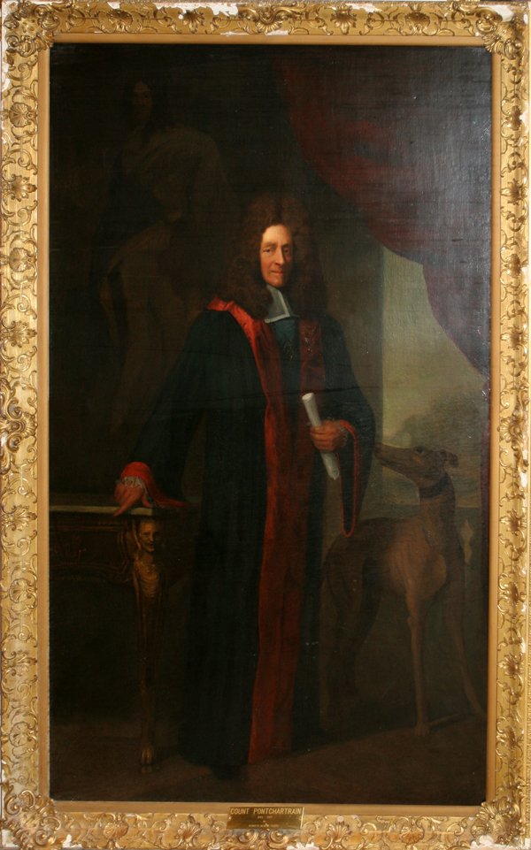 KENNETH NEWELL AVERY, OIL ON CANVAS, 94" X 55": KENNETH NEWELL AVERY, OIL ON CANVAS, C. 94" X 55", PORTRAIT OF COUNT PONTCHARTRAIN: US 1882-1949:Count Pontchartrain 1643 - 1727. Depicted standing with wolfhound to left and leaning on French table t