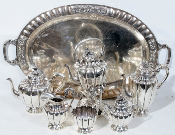 L. MACIEL, MEXICAN STERLING TEA & COFFEE SET: L. MACIEL, MEXICAN STERLING TEA & COFFEE SET, 7 PIECES:Includes coffee pot, H 10 5/8", 40.25 troy ozs., teapot, H 9", 39.77 troy ozs., hot water kettle on stand, H 15", 73.84 troy ozs. Including burne