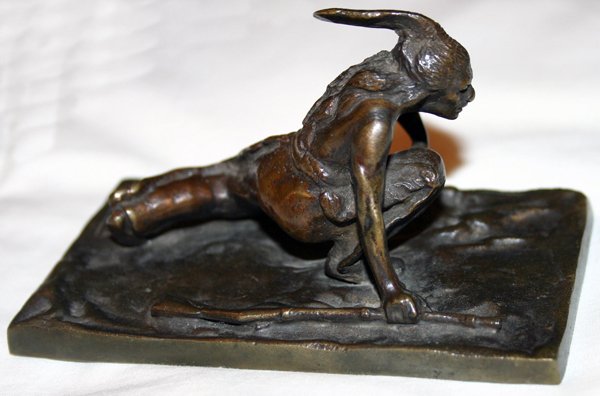 CARL KAUBA BRONZE AMERICAN INDIAN WITH RIFLE:: CARL KAUBA, BRONZE SCULPTURE, H 3", W 3", L 4", AMERICAN INDIAN WITH RIFLE: (AUS./AMER., 1865-1922):Image depicts an American Indian crouching, holding a rifle. Signed "C. Kauba". Actual dimensions ar