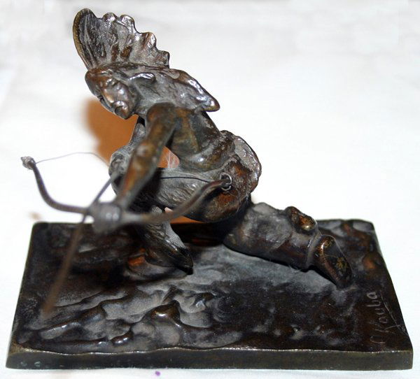 CARL KAUBA BRONZE SCULPTURE, NATIVE AMERICAN: CARL KAUBA, BRONZE SCULPTURE, H 3", W 3", L 4", NATIVE AMERICAN : (AUS./AMER., 1865-1922):Sculpture depicts an American Indian, poised, with a bow and arrow. Signed "C. Kauba". Actual dimensions are H