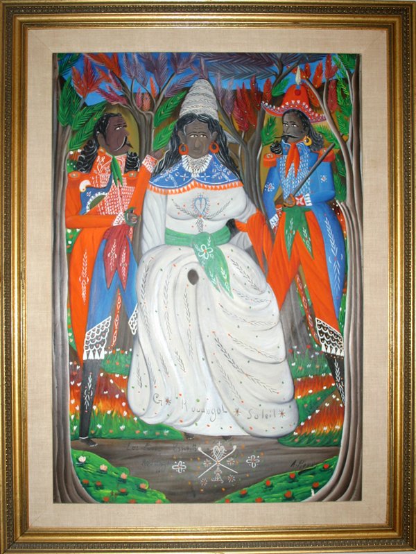 ANDRE PIERRE, ACRYLIC ON MASONITE, 40" X 28", : ANDRE PIERRE, ACRYLIC ON MASONITE, 40" X 28", 'GOOD GODDESS': (HAITIAN, 1964):Image depicts the Good Goddess flanked by a figure on each side, all within a brightly colored landscape. Signed at the lo