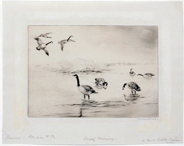ROLAND CLARK DRYPOINT "MISTY MORNING": ROLAND CLARK, DRYPOINT, 7" X 9 5/8", "MISTY MORNING":Unframed; pencil signed and titled.