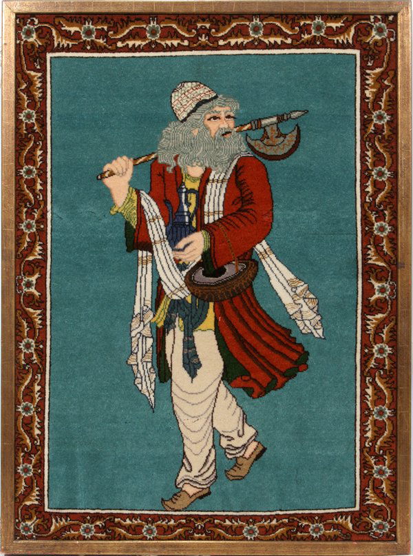 TABRIZ WOOL PICTORIAL PERSIAN FRAMED RUG, 2' 8": TABRIZ WOOL PICTORIAL PERSIAN FRAMED RUG, 2' 8" X 1' 11":Walking figure carrying a halberd; turquoise color ground; brown floral border.