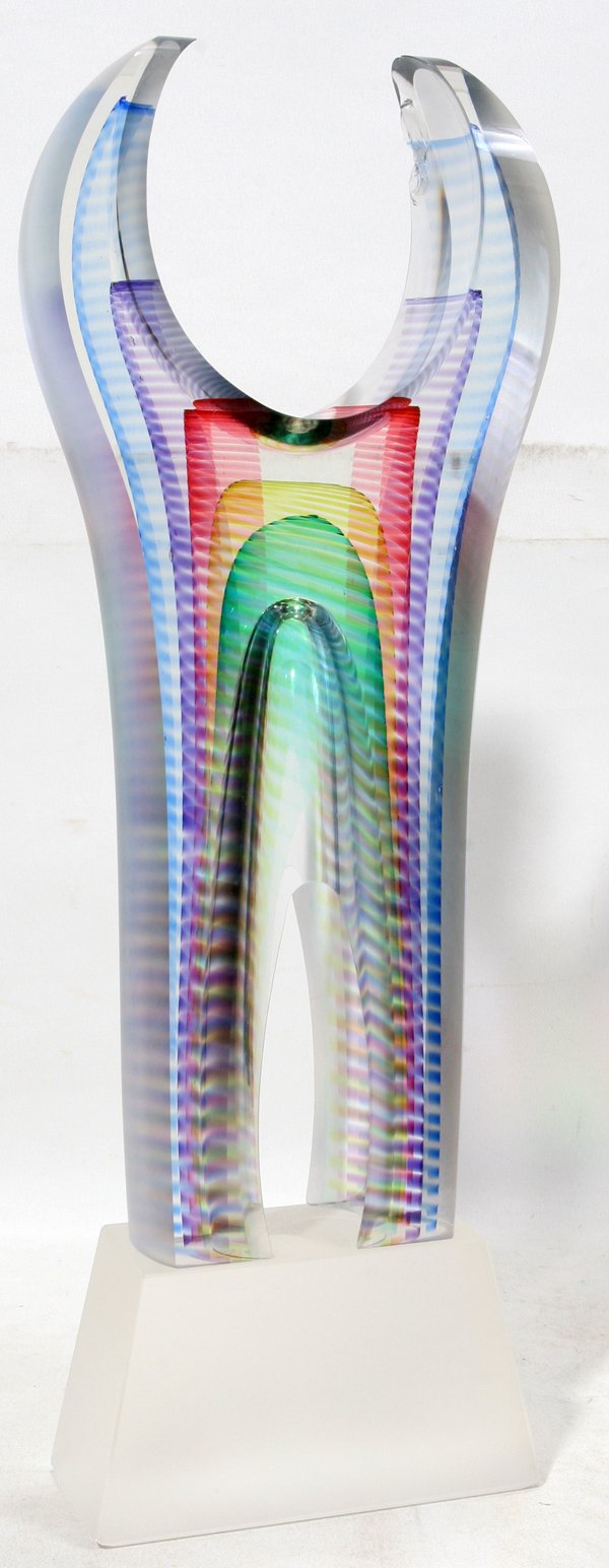 KARBLER, KIT AND DAVID, MICHAEL BLOWN GLASS #3: KARBLER, KIT AND DAVID, MICHAEL BLOWN GLASS WITH CUT & POLISHED SIDES, #3 H 15":In blue, pink and green.