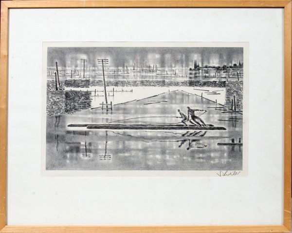 ART GROUPING, HAROLD COHEN, N. CURRIER, FOUR: ART GROUPING, HAROLD COHEN, N. CURRIER, GEORGES SCHREIBER, FOUR:GEORGES SCHREIBER, LITHOGRAPH, C. 9" X 14" "Loggers at Sunrise": Pencil signed; framed; Associated American Artists label on verso. HARO