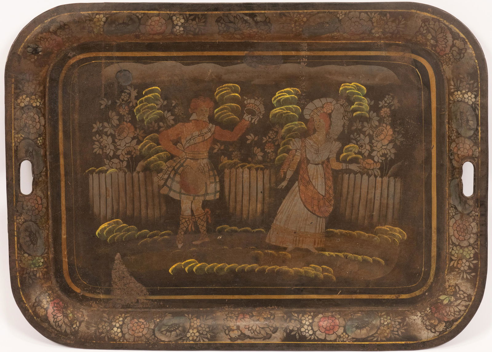 TIN TOLE TRAY C. 1840 H 19" W 26.125" SCOTTISH DANCING (1 of 2)