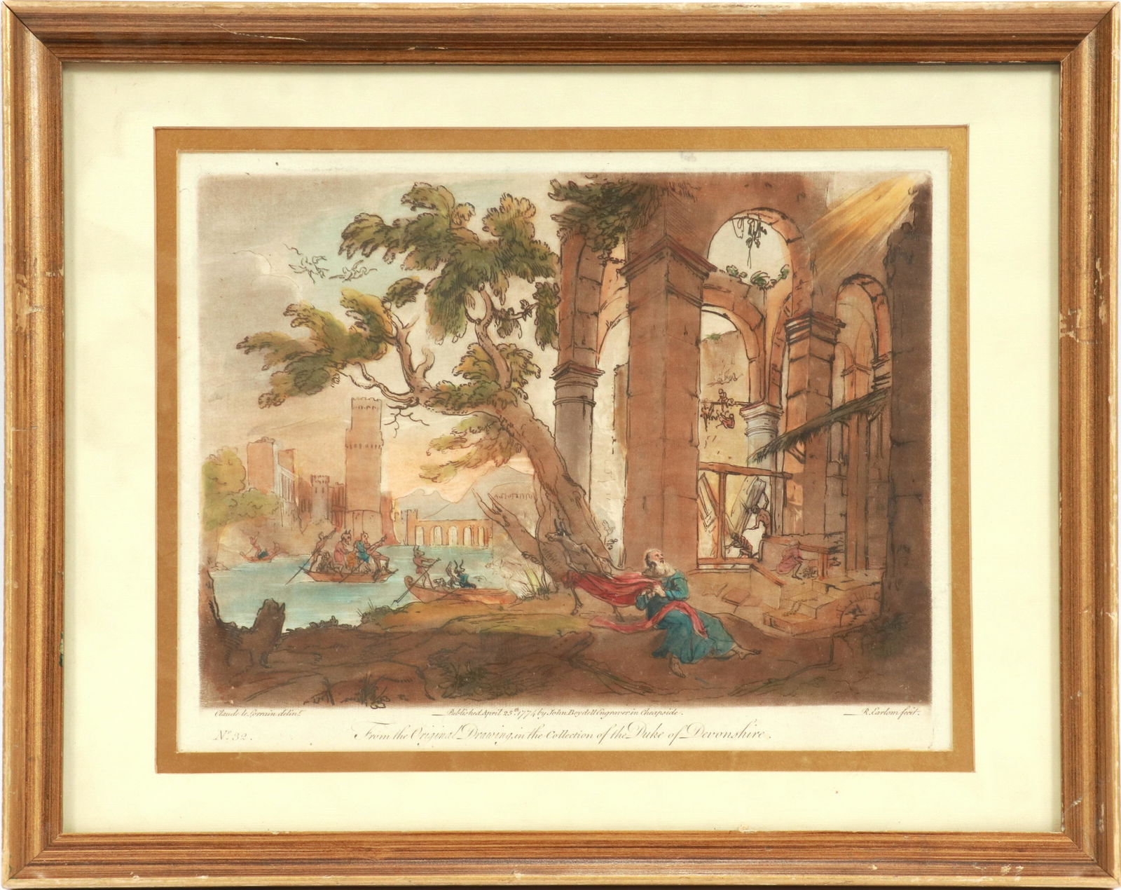AFTER CLAUDE LORRAIN HAND COLORED ETCHING 19TH C. H (1 of 6)