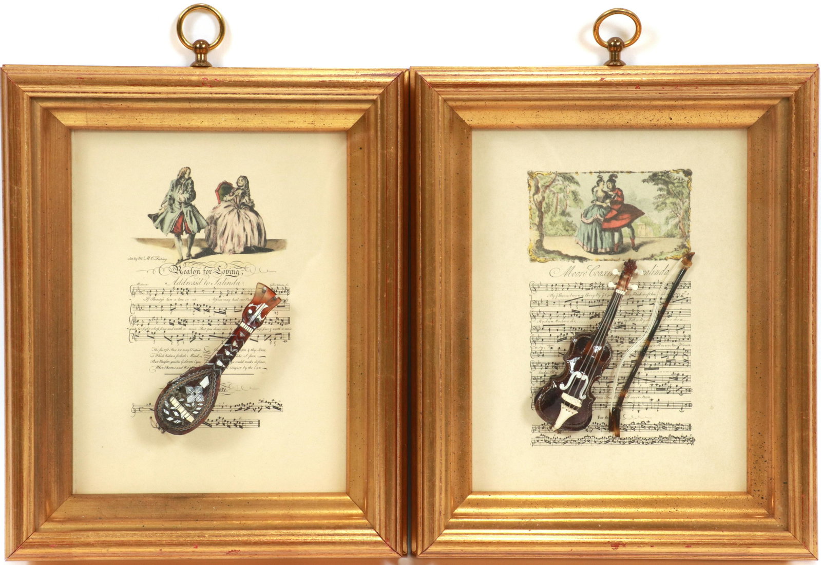 MINIATURE INSTRUMENTS MOUNTED ON SHEET MUSIC H 10.5" W: MINIATURE INSTRUMENTS MOUNTED ON SHEET MUSIC H 10.5" W 9" SHADOW BOX FRAMES 10 1/2" X 9". PRINTS OF MUSIC SHEETS WITH MINIATURE VIOLIN AND