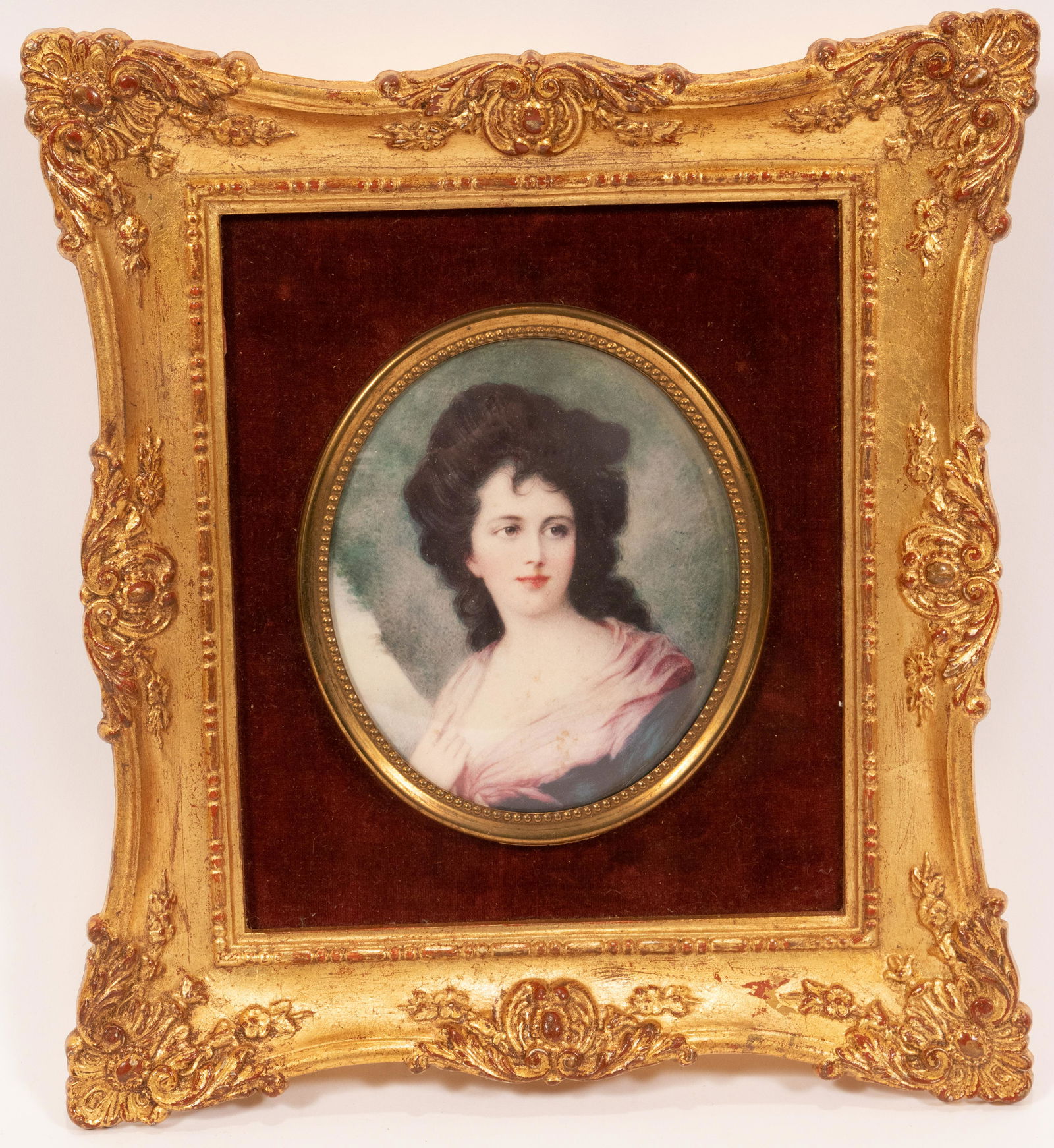 AFTER GAINSBOROUGH MINIATURE PRINT LAST HALF 20TH C.: AFTER GAINSBOROUGH MINIATURE PRINT LAST HALF 20TH C. H ^" W 5" ELIZA ANNE LINLEY Oval print mounted on red velvet backing. Frame 11" X 12". Cameo Collection label on verso.