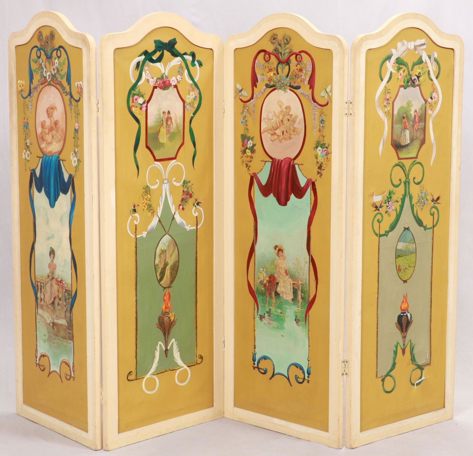 OIL ON CANVAS MOUNTED 4-PANEL SCREEN, H 4' 10", L 7' 3" (1 of 5)