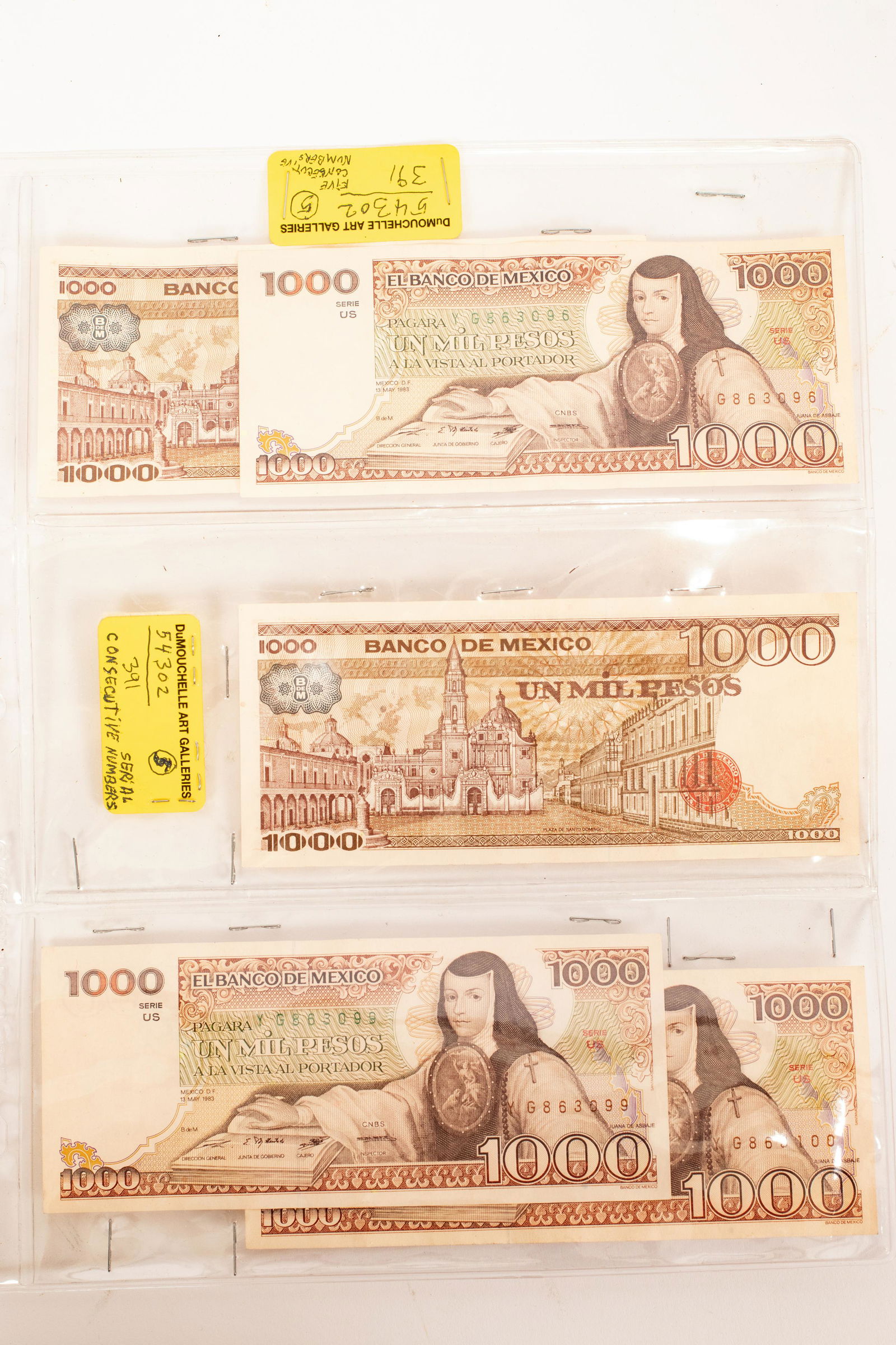MEXICAN UNCIRCULATED $1,000.PAPER CURRENCY NOTES SERIAL (1 of 6)
