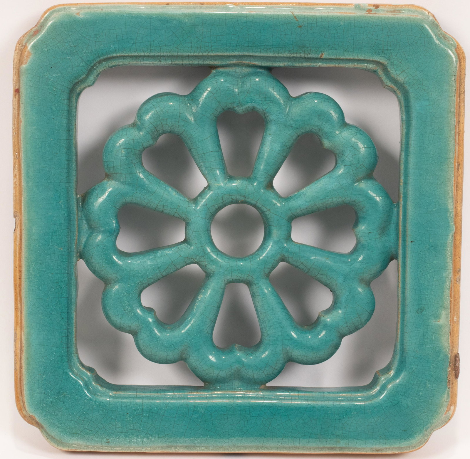 CHINESE GARDEN TILE, TURQUOISE GLAZE H 12.5 W 12.5: CHINESE GARDEN TILE, TURQUOISE GLAZE H 12.5 W 12.5 Glazed on both sides. D 1.5"