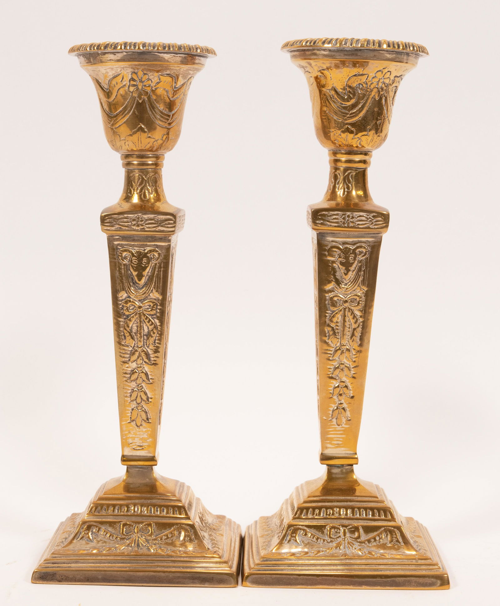 SILVER TONE BRASS CANDLESTICKS, PAIR, H 10", W 3.75" (1 of 5)