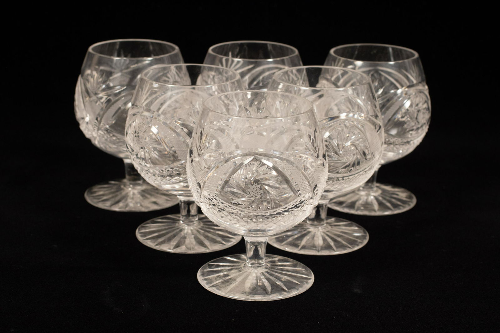GERMAN HAND CUT CRYSTAL STEM BRANDY SNIFTERS (6) H 4" (1 of 5)