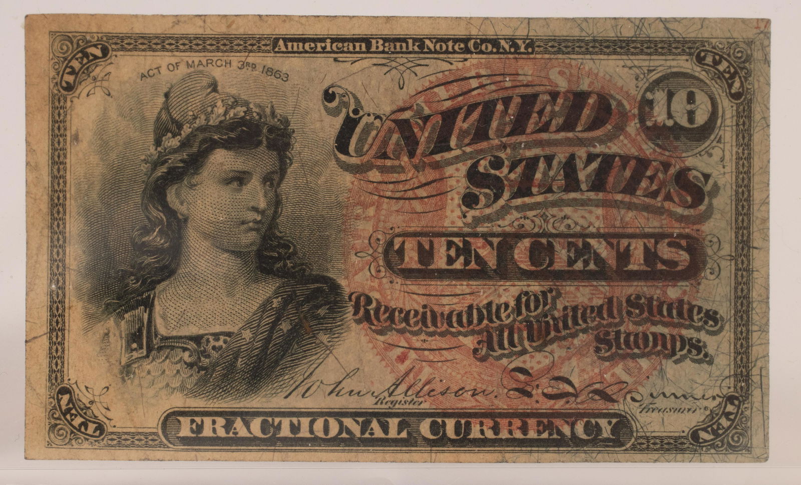 U.S.  .10C FRACTIONAL PAPER CURRENCY NOTE, ACT OF 1863 (1 of 2)