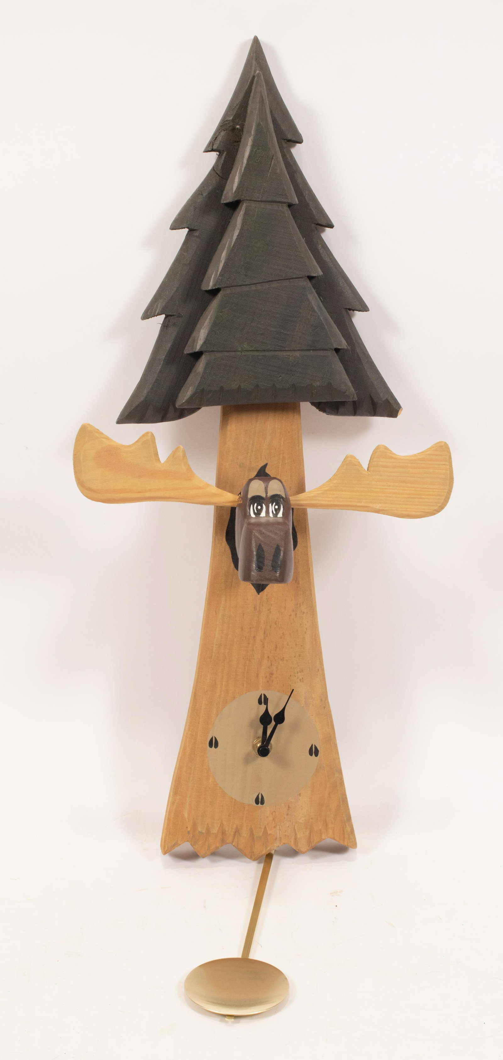 WOOD WALL CLOCK, EVERGREEN AND MOOSEHEAD H 21" W 10": WOOD WALL CLOCK, EVERGREEN AND MOOSEHEAD H 21" W 10" Evergreen and moosehead motif.