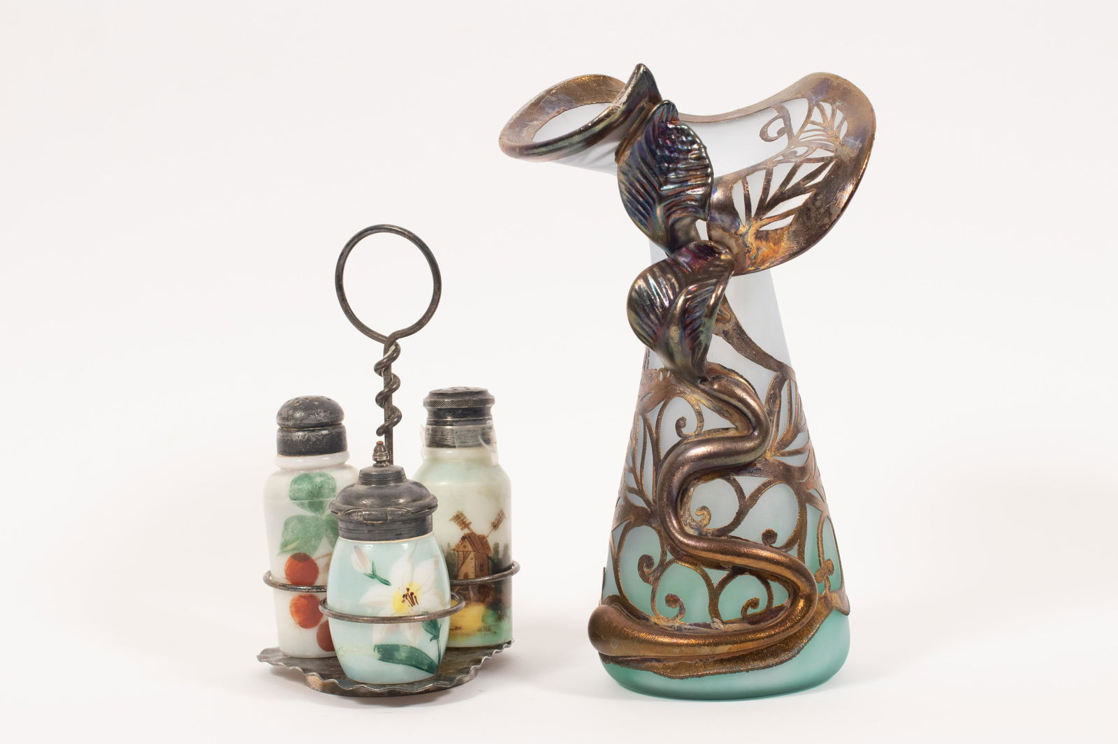 USA SILVER/GLASS CRUET CASTER SET O/A 7"H.,  OPALESCENT (1 of 13)