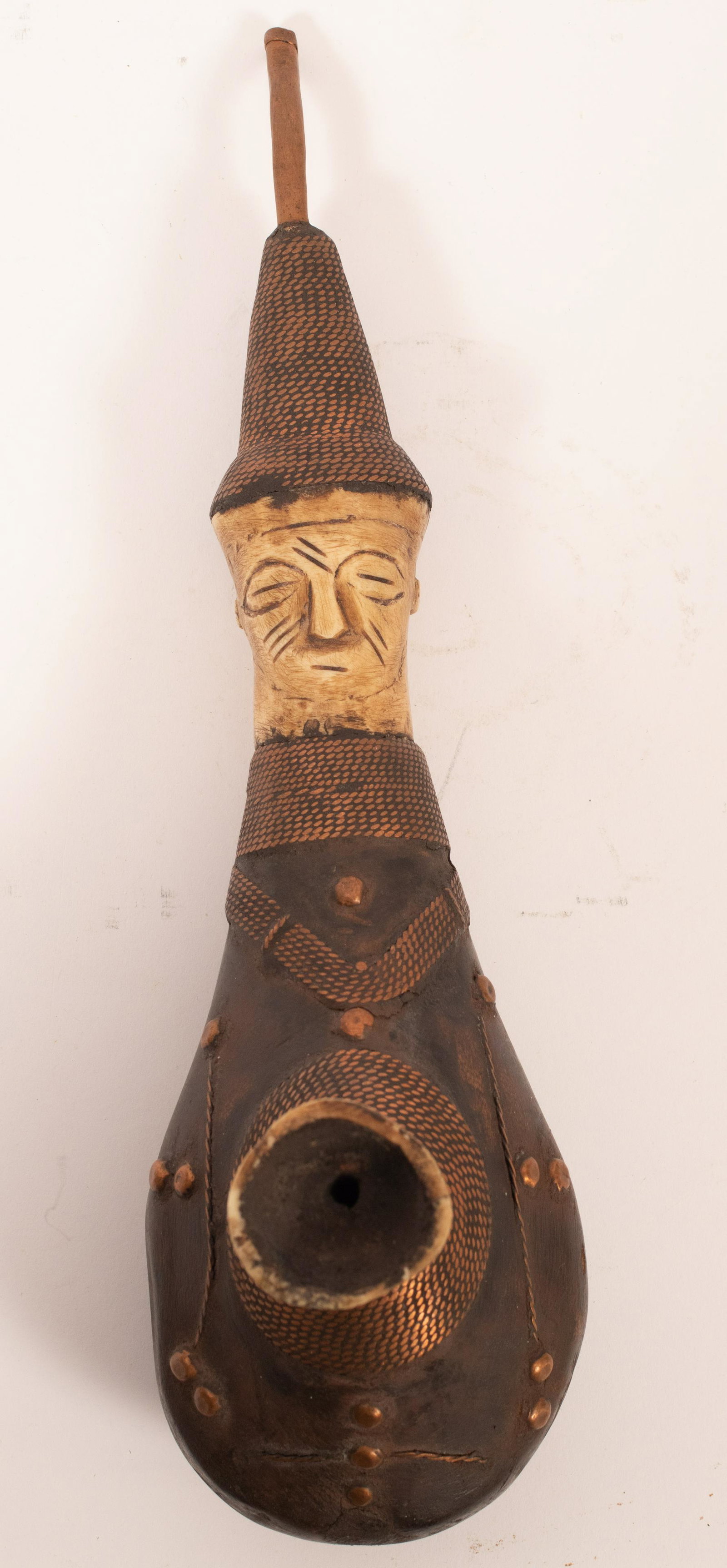 AFRICAN ZULU TOBACCO SMOKING HAND CARVED WOOD, BONE: AFRICAN ZULU TOBACCO SMOKING HAND CARVED WOOD, BONE COPPER PIPE 1820, H 5.5" W 3.5" L 13" Gourd Shape Animal Hide. Carved Faces,