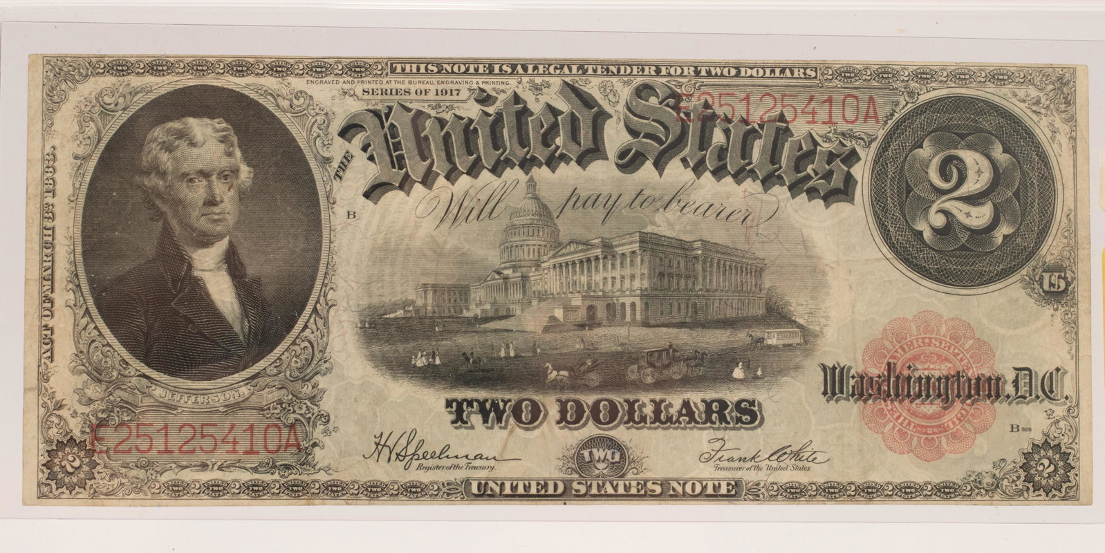 U.S.NOTE $2.DOLLAR PAPER CURRENCY JEFFERSON PORTRAIT: U.S.NOTE $2.DOLLAR PAPER CURRENCY JEFFERSON PORTRAIT SERIAL #E-25125410A, 1917 (1) Uncirculated, Unused, and in Good Condition.