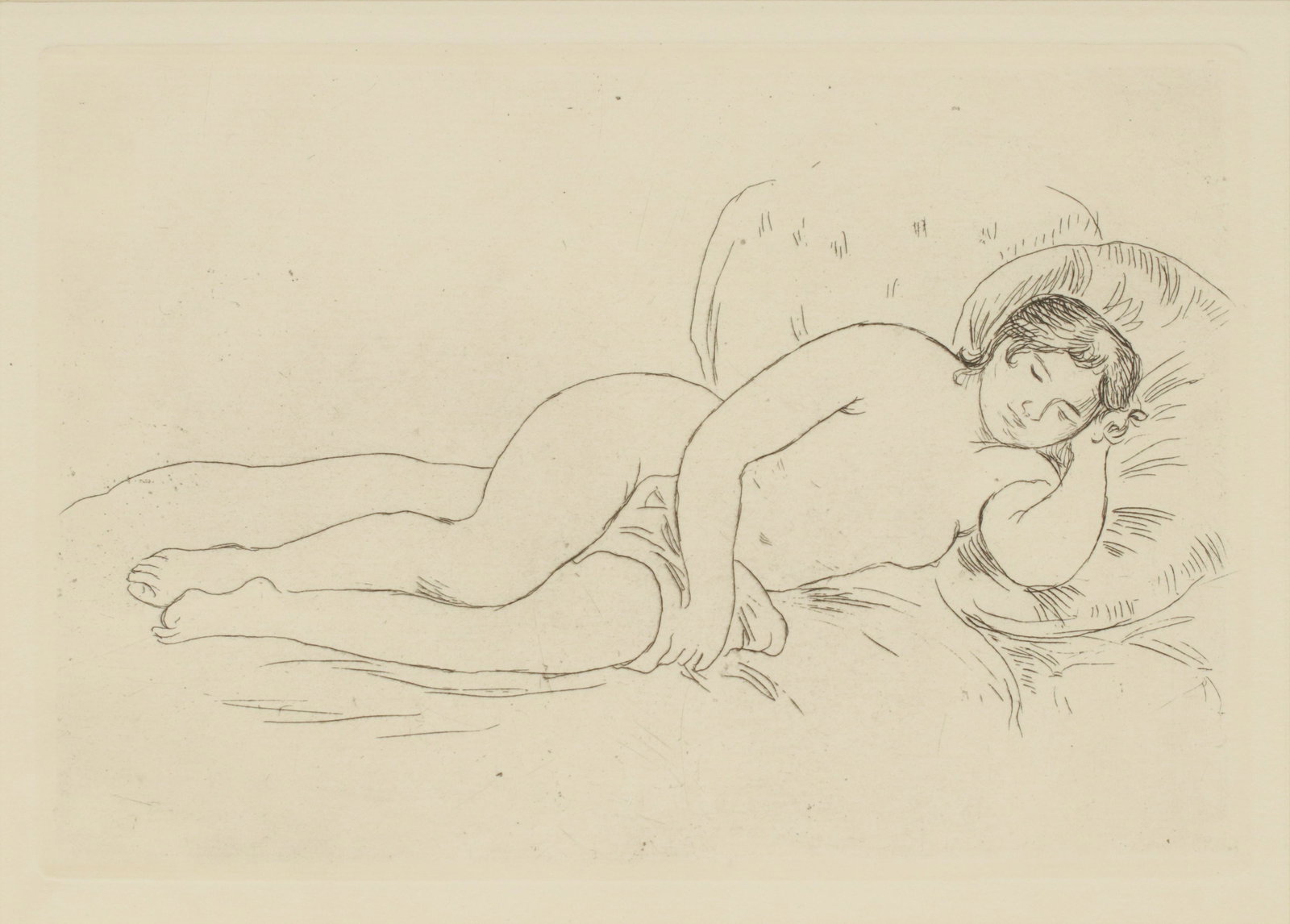 AFTER PIERRE AUGUSTE RENOIR (FRENCH, 1841-19), DRYPOINT: AFTER PIERRE AUGUSTE RENOIR (FRENCH, 1841-19), DRYPOINT ETCHING ON PAPER, H 5.25", W 7.5", "FEMME NUE COUCHEE" A drypoint etching on paper titled "Femme Nue Couchee" (Naked Woman Laying) after Pierre 