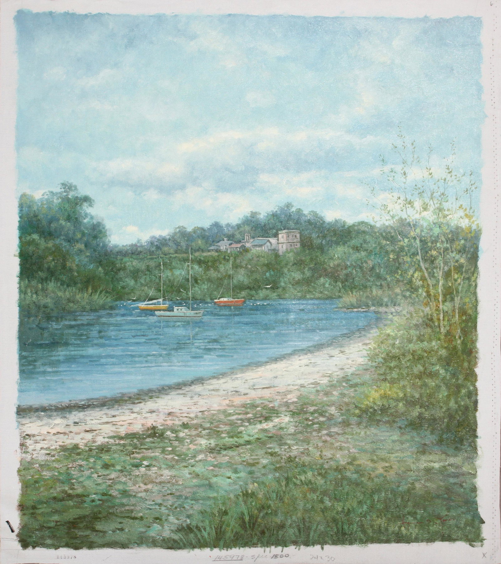 HYAN B YAO, OIL ON CANVAS H 24" W 36" LAKE WITH SAIL: HYAN B YAO, OIL ON CANVAS H 24" W 36" LAKE WITH SAIL BOATS Signed lower right, unframed.