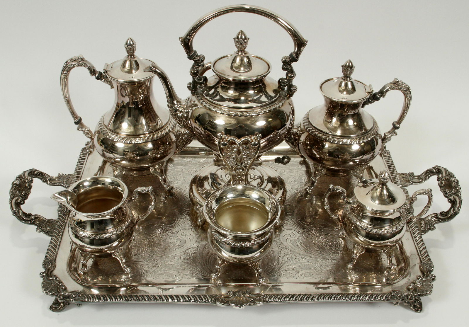 BAROQUE INFLUENCE SILVER PLATE TEA & COFFEE SERVICE, (1 of 9)