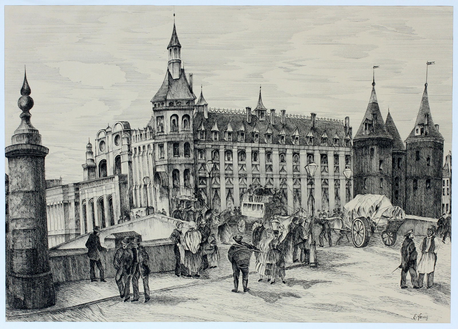 E. VASSY, EUROPEAN STREET SCENE, INK DRAWING H 19" , W (1 of 2)