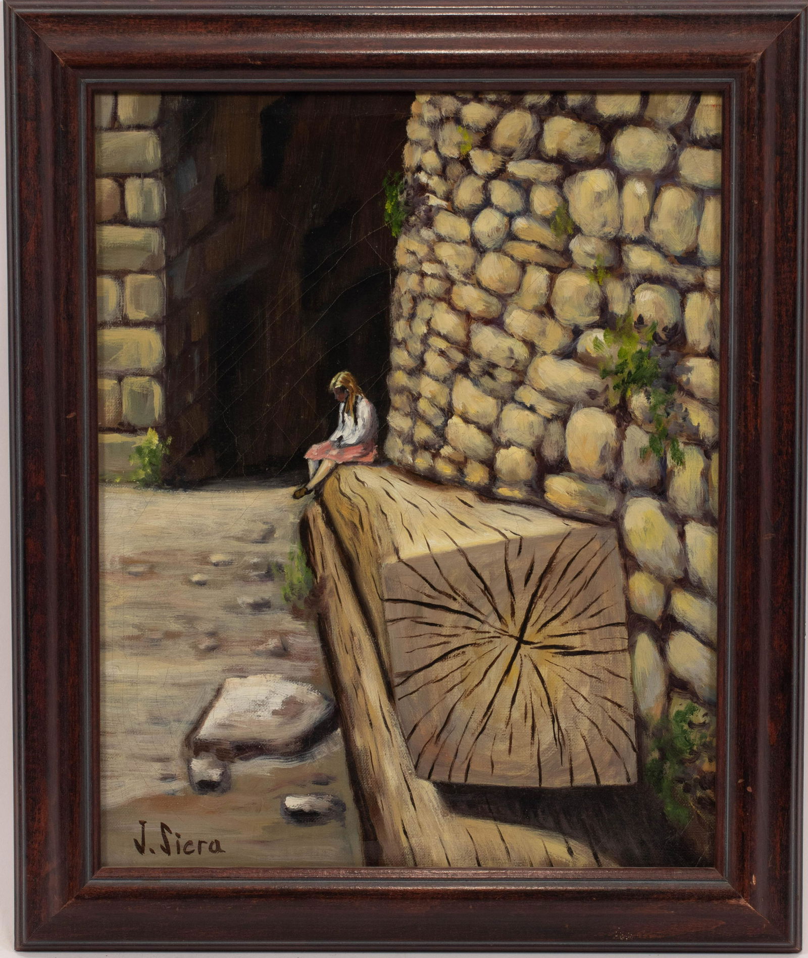 J. SICRA, OIL ON CANVAS, H 16", W 12.5", SEATED GIRL: J. SICRA, OIL ON CANVAS, H 16", W 12.5", SEATED GIRL An oil on canvas by J. Sicra. Depicting girl seated on a wood post adjacent to stone walls. Artist's signature to the lower left. Frame measures H
