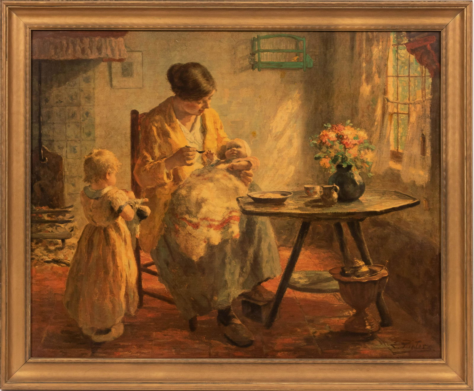 AFTER EVERT PIETERS, COLOR LITHOGRAPH ON MASONITE, H: AFTER EVERT PIETERS, COLOR LITHOGRAPH ON MASONITE, H 22", W 28", MOTHER WITH CHILDREN Artist's signature to the lower right in plate. Frame measures H 26" x L 32".