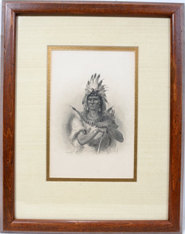 PEN AND INK DRAWING, NATIVE AMERICAN, 8" X 6": PEN AND INK DRAWING, NATIVE AMERICAN, 8" X 6" SIGNED DARLEY:Framed and matted under glass; possibly Felix Octavius Carr Darley (US 1822-1888); ex-collection James Keene;