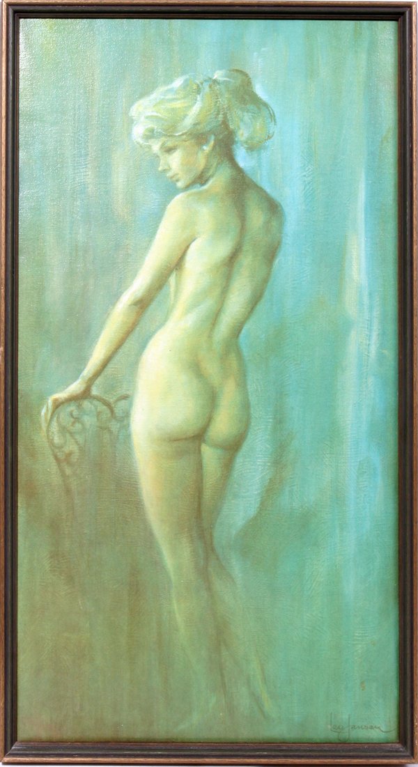 LEO JANSEN PRINT ON CANVAS STANDING FEMALE NUDE: LEO JANSEN (AM 1930-1980) PRINT ON CANVAS 30" X 15 1/4" STANDING FEMALE NUDE:Depicting a standing female nude.